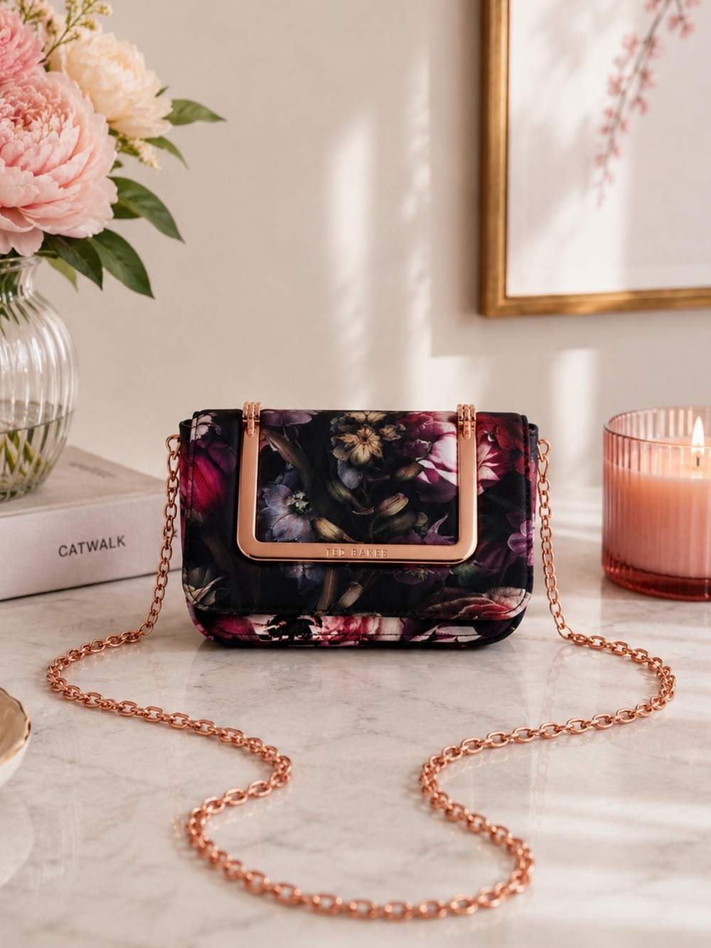 Ted Baker "Sefina" Floral crossbody/clutch flap bag rose gold handle